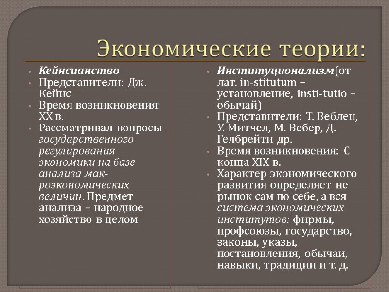 Экономические теории: Кейнсианство Представители: Дж. Кейнс Время возникновения: XX в. Рассматривал вопросы государственного регулирования